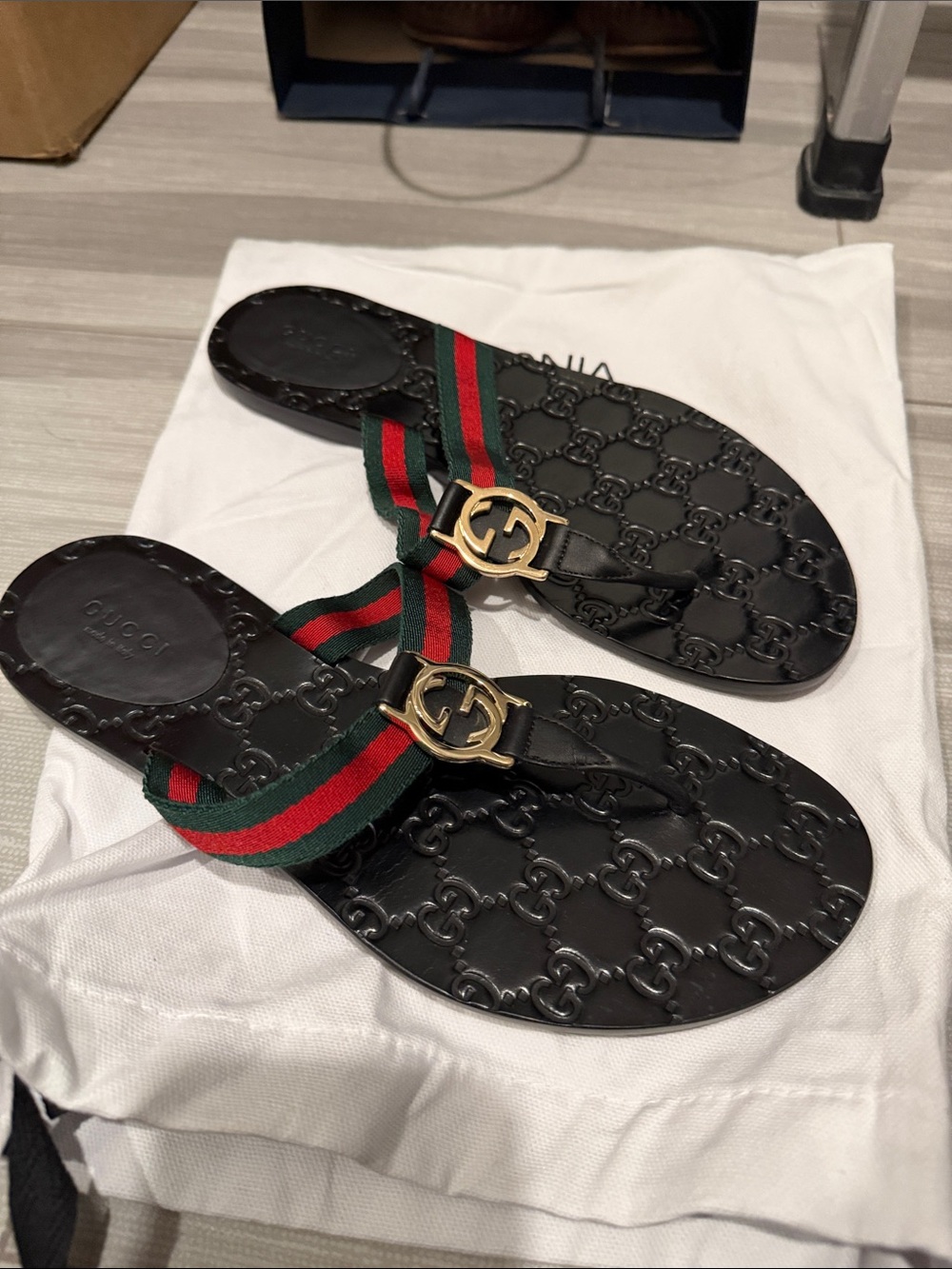 Gucci Black Leather Sandal with Green-Red Web Stripe and Gold GG